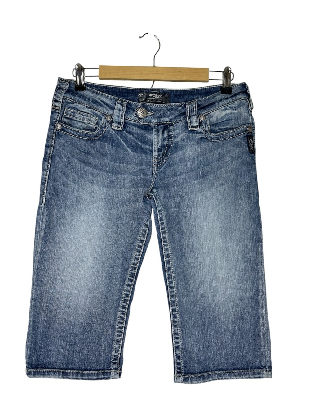 SILVER Tuesday Bermuda Low Rise Distress‎ Med Wash Blue Denim Jean Shorts 29